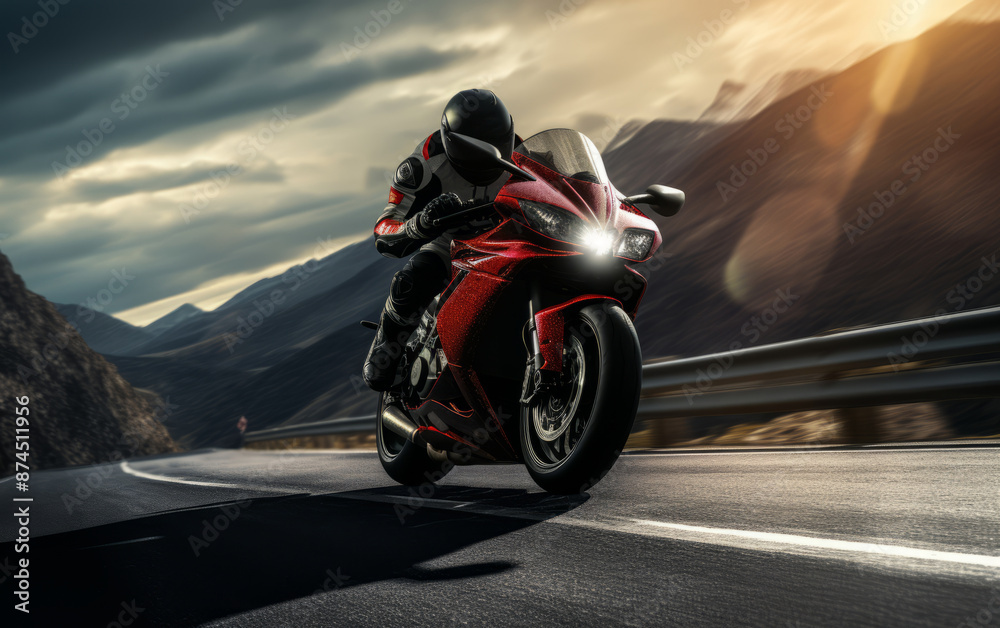 Obraz premium A motorcyclist enjoys a thrilling ride down a scenic mountain road.
