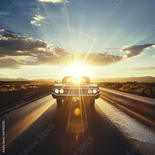 Stimmungsvolle Frontansicht eines amerikanischen Straßenkreuzers bei Sonnenuntergang. Heckflossen und viel Chrom. photo