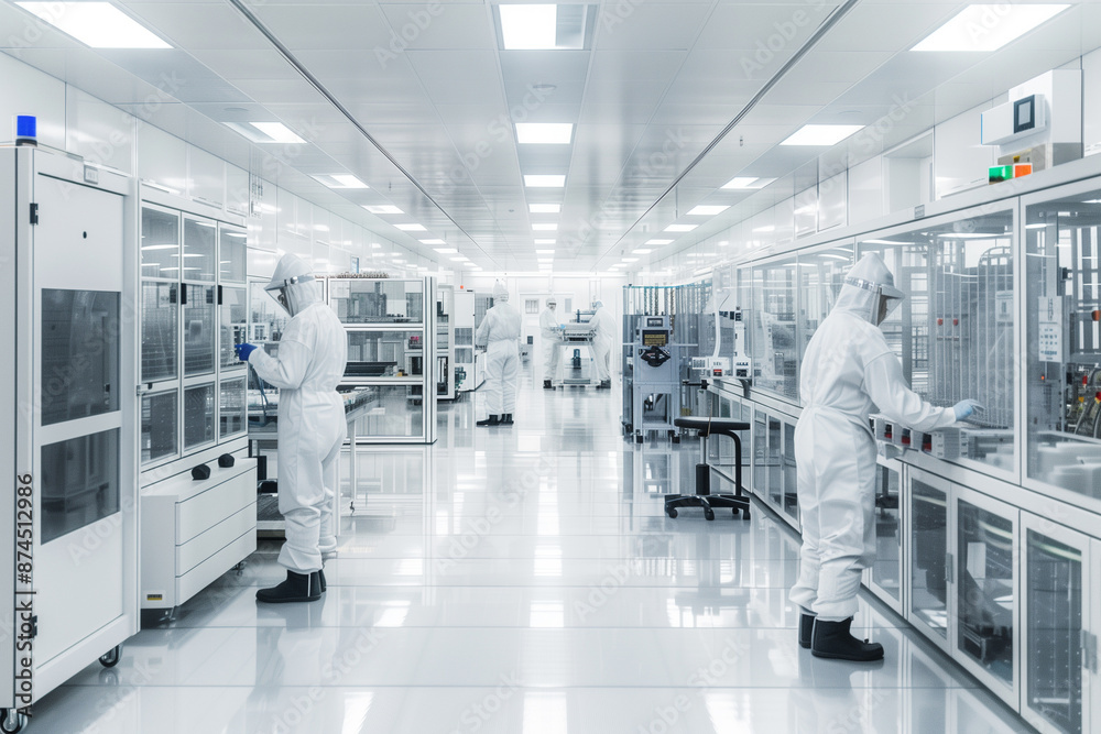 Technicians in protective Gear working in cleanroom laboratory Technicians in protective Gear working in cleanroom laboratory