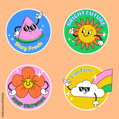 Hand drawn trendy cartoon badges collection