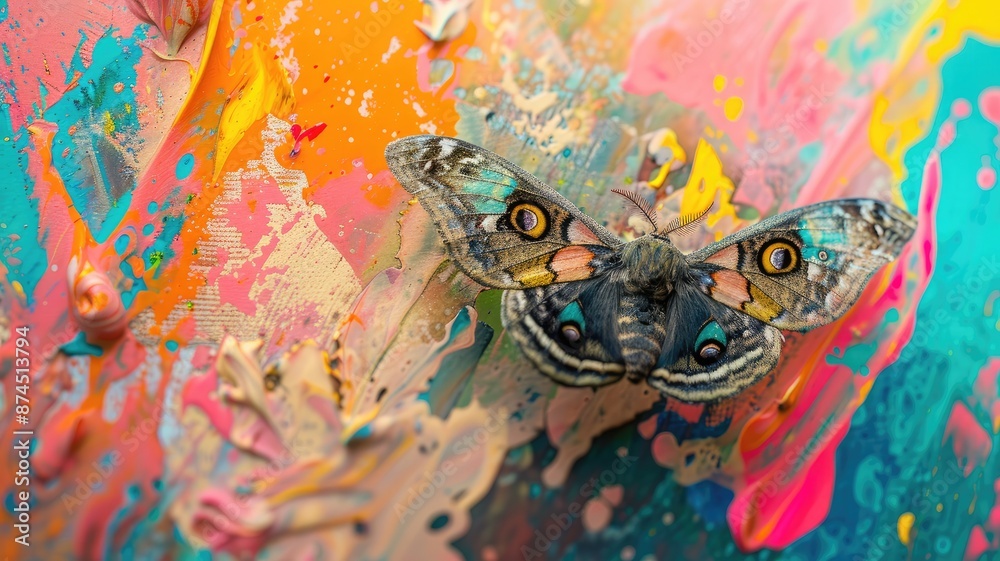 Colorful butterfly on vibrant abstract background of splashes and textures