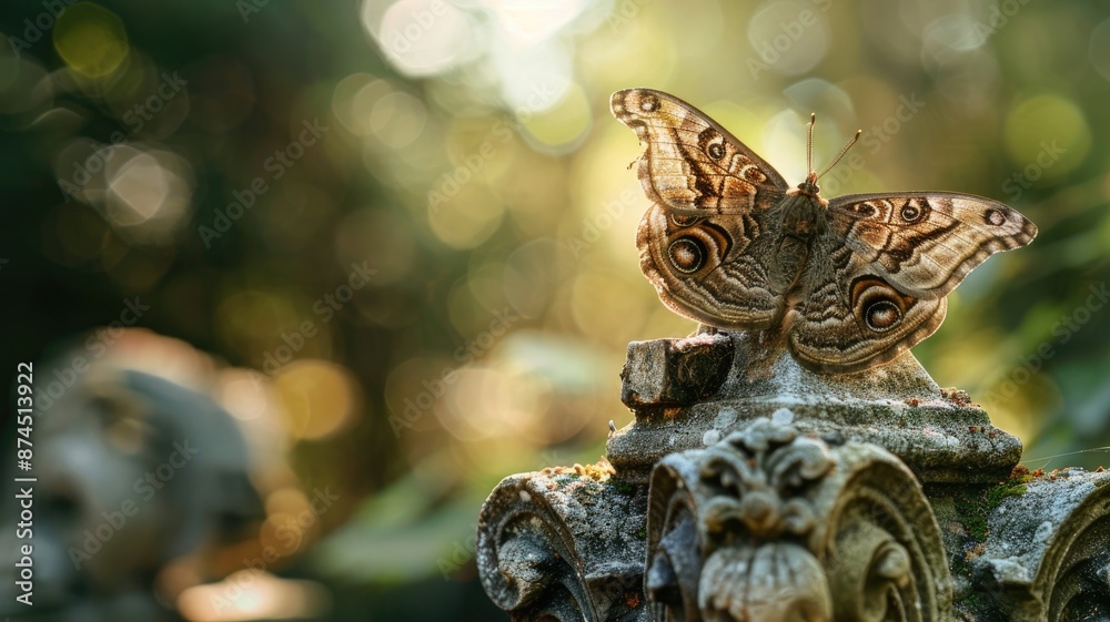 Fototapeta premium Butterfly resting on ornate stone ornament in sunlight