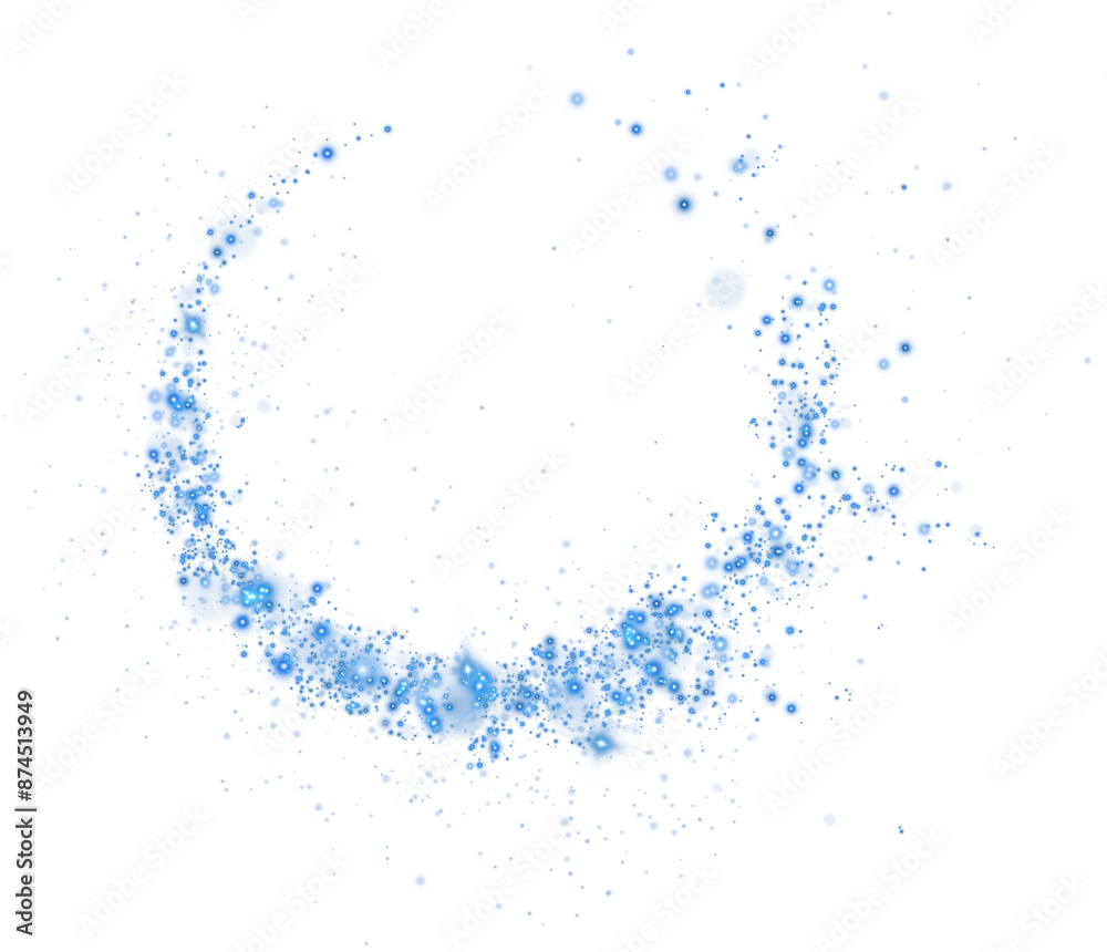 Fototapeta premium Blue glitter particle swirl circle effect. Sparkling light twirl of glowing glittering particles whirl texture. Space stardust round shine or wind wave spin with glow tail. PNG.