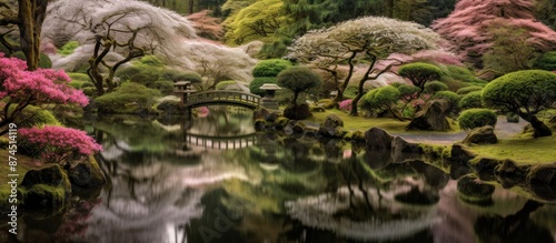 Serene Japanese Garden with Bridge and Reflection