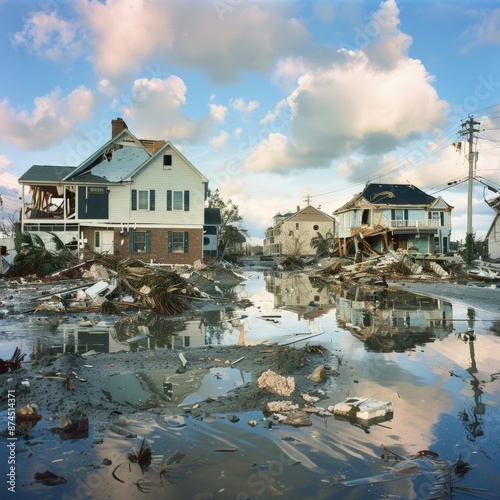Severe hurricane damage with flooded streets and destroyed houses