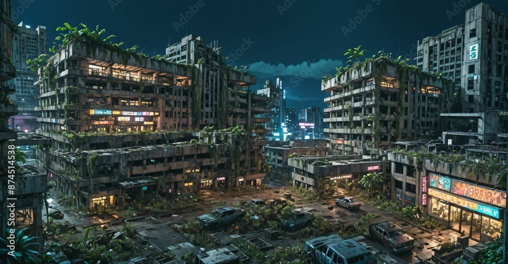 Fototapeta premium abandoned town buildings at night in autumn. aerial view of derelict city overgrowth. cars, debris, concrete rubble and vines.