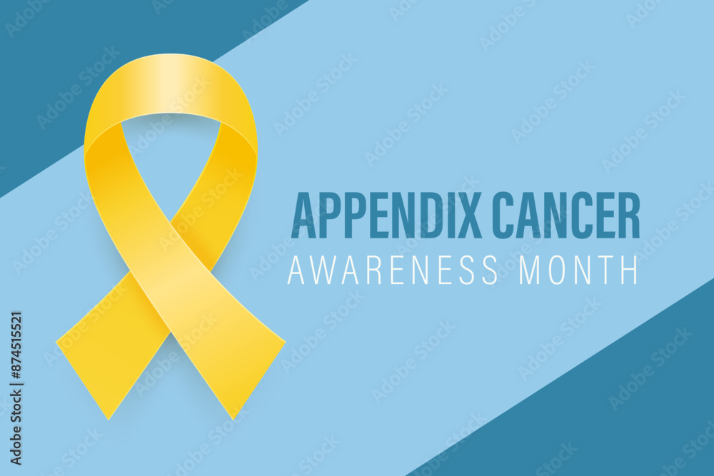Appendix Cancer Awareness Month Banner, August. Card or Placard with Realistic 3D Vector Yellow Ribbon on Blue Background. Cancer Awareness Month Symbol, Closeup. World Appendix Cancer Day Concept Appendix Cancer Awareness Month Banner, August. Card or Placard with Realistic 3D Vector Yellow Ribbon on Blue Background. Cancer Awareness Month Symbol, Closeup. World Appendix Cancer Day Concept