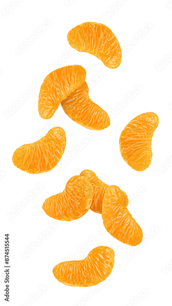 Falling Mandarin lobule isolated on white background, full depth of field Falling Mandarin lobule isolated on white background, full depth of field