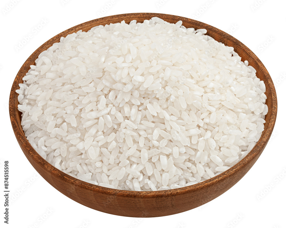 Rice in wooden bowl, isolated on white background, full depth of field