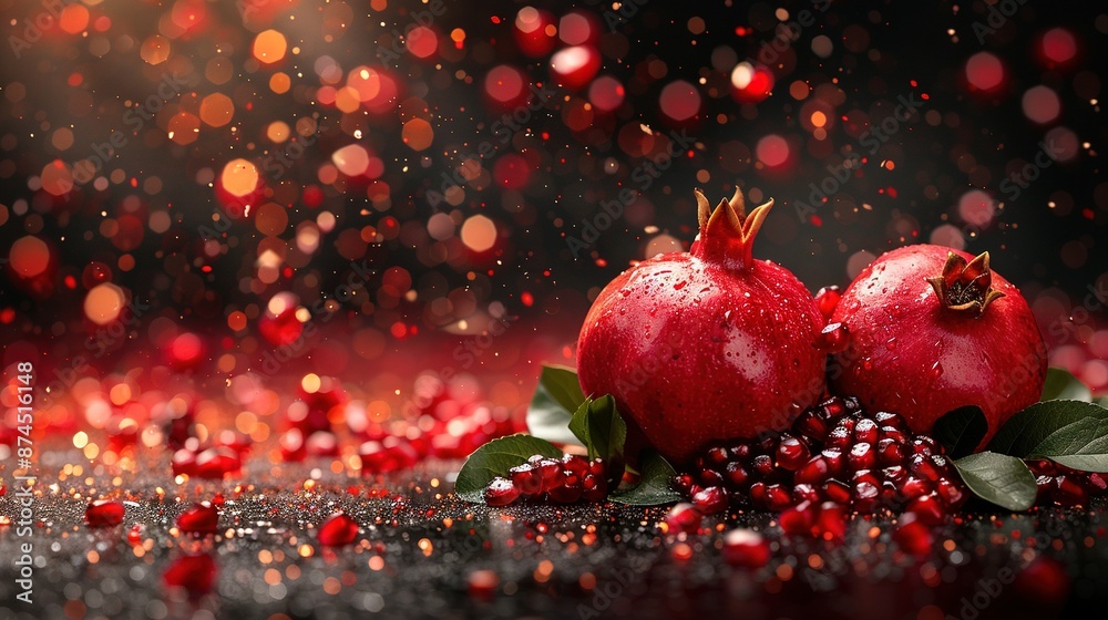 A few pomegranates resting atop a mound of pomegranates on a table A few pomegranates resting atop a mound of pomegranates on a table