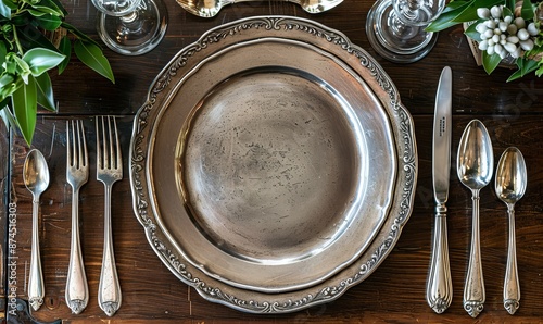 Overhead view of a vintage place setting with a pewter plate and cutlery