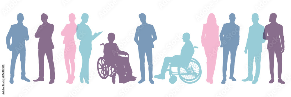 Concept of inclusive business.Silhouettes of standing business people and disabled people sitting in wheelchairs.Vector illustration.