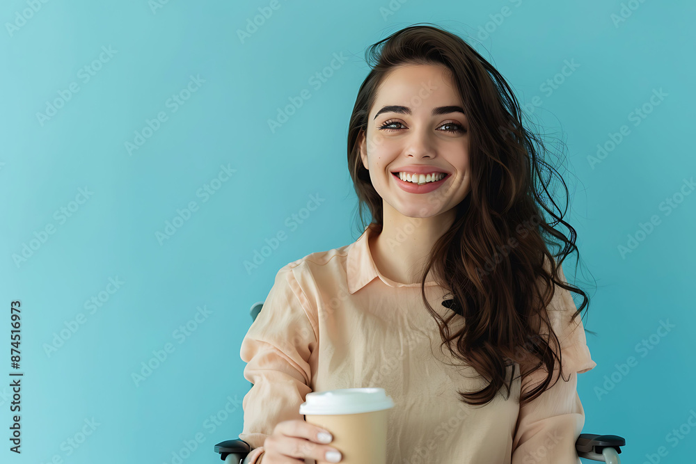 Smiling Woman Holding Coffee Cup Against Blue Background Smiling Woman Holding Coffee Cup Against Blue Background