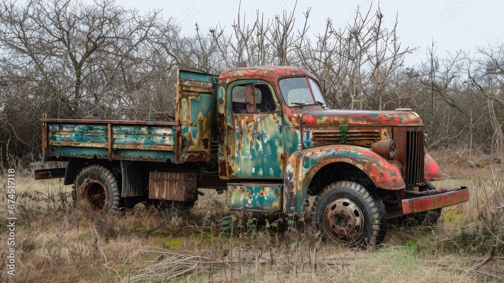 Old, rusty truck in deserted, overgrown field with bare trees Old, rusty truck in deserted, overgrown field with bare trees