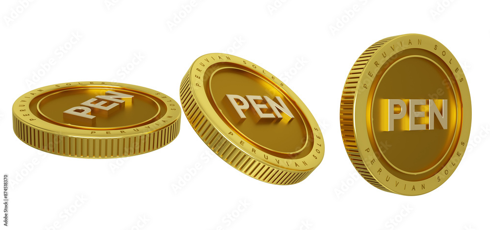 Peruvian soles iso currency code on gold coin isolated on transparent background, 3D rendering of set of abstract golden Peru sol coins concept in different angles.
Peruvian soles iso currency code on gold coin isolated on transparent background, 3D rendering of set of abstract golden Peru sol coins concept in different angles.