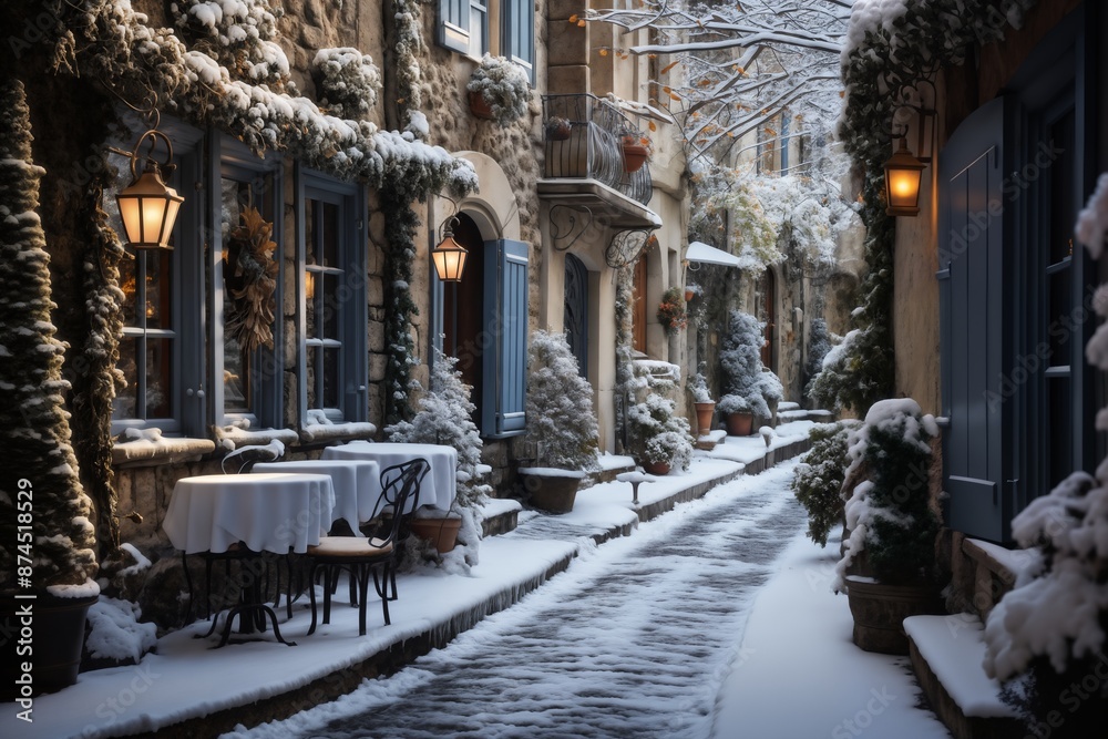 a city street in a winter, snow covered houses and trees, facades of houses decorated for Christmas or New Year, festive environment a city street in a winter, snow covered houses and trees, facades of houses decorated for Christmas or New Year, festive environment