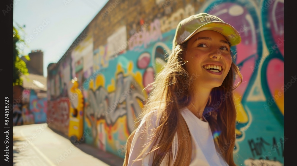 Fototapeta premium Smiling woman in casual outfit standing beside vibrant graffiti wall on sunny day.