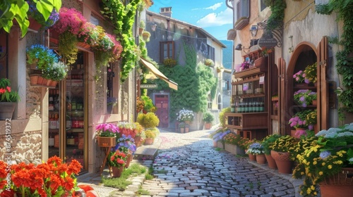 Charming narrow street with colorful flowers on sunny day. Picturesque view of cobblestone alley surrounded by blooming plants and charming houses.