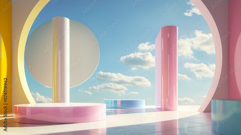 3D cylinder podiums in pink, yellow, blue, and white with a blue sky in a rounded mirror glass. Minimalistic wall scene for product showcases, promotions, and display. Abstract geometric shapes. 3D cylinder podiums in pink, yellow, blue, and white with a blue sky in a rounded mirror glass. Minimalistic wall scene for product showcases, promotions, and display. Abstract geometric shapes.
