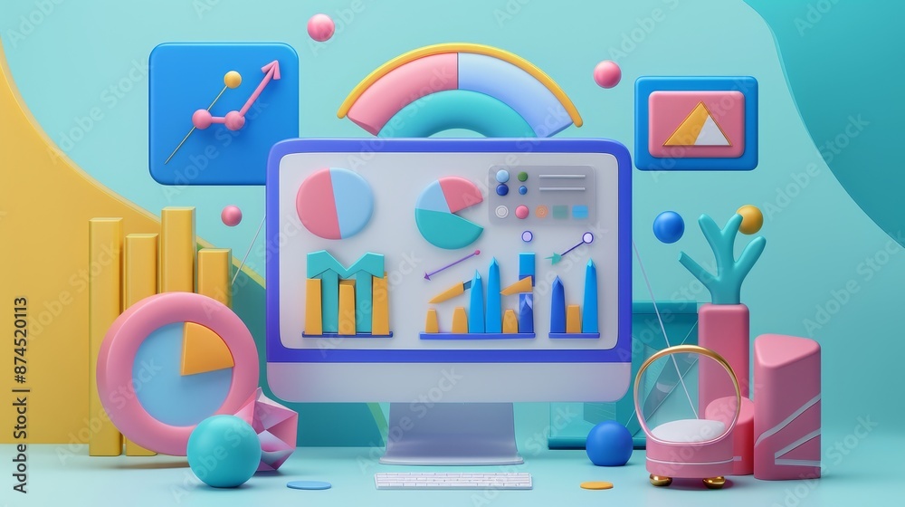 3D illustration for online marketing concept. Icons like charts, graphs, and computer display for market research and business promotions. A vector illustration for modern web designs. 3D illustration for online marketing concept. Icons like charts, graphs, and computer display for market research and business promotions. A vector illustration for modern web designs.