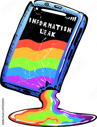 Data leakage from a smartphone in the form of a rainbow floating out through a hole at the bottom of the gadget. Vector illustration a smartphone with cracks in the glass is broken but the display