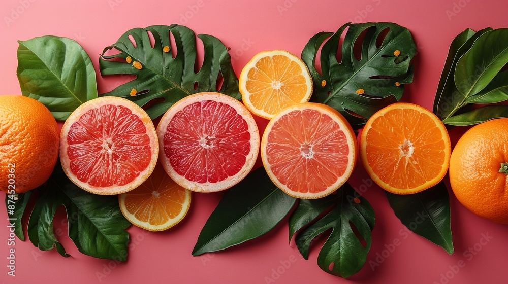 A collection of grapefruits, oranges, and foliage against a soft pink backdrop A collection of grapefruits, oranges, and foliage against a soft pink backdrop