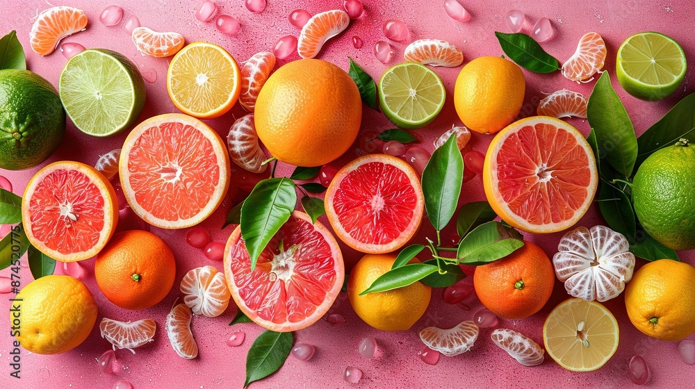 A collection of grapefruits, oranges, lemons, and limes on a pink background A collection of grapefruits, oranges, lemons, and limes on a pink background