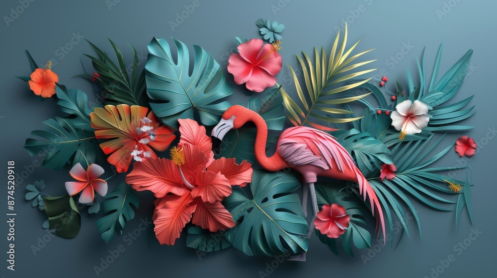 3D print of tropical flowers and a flamingo in a masculine style without 3D effect. 3D print of tropical flowers and a flamingo in a masculine style without 3D effect.