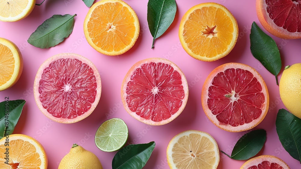 A collection of grapefruits, limes, and grapefruits with leaves on a pink backdrop A collection of grapefruits, limes, and grapefruits with leaves on a pink backdrop