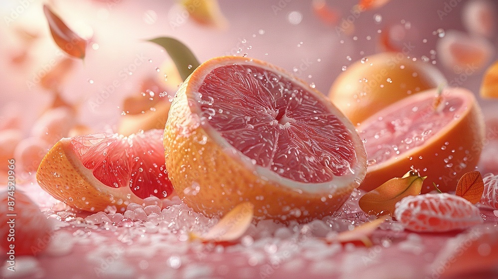 A halved grapefruit atop a pile of grapefruits A halved grapefruit atop a pile of grapefruits