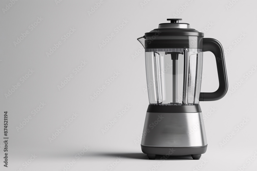 A modern high-powered kitchen blender on a smooth white background. The blender has a stylish metallic body and black buttons. There is ample copy space around the object.