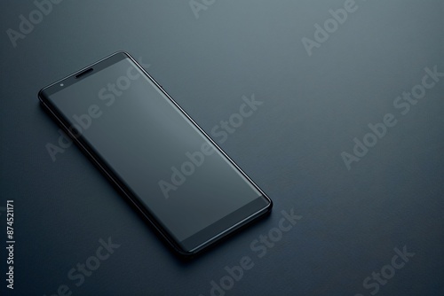 A modern smartphone featuring a large screen with thin bezels, showcased on a smooth, dark gray background. photo