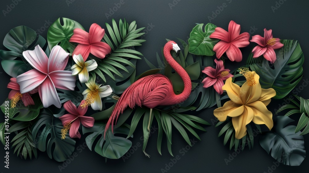 3D print of tropical flowers and a flamingo in a masculine style without 3D effect. 3D print of tropical flowers and a flamingo in a masculine style without 3D effect.