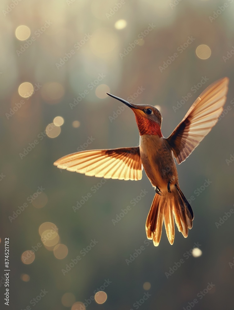 Fototapeta premium Hummingbird in mid-flight with blurred background and bokeh lights