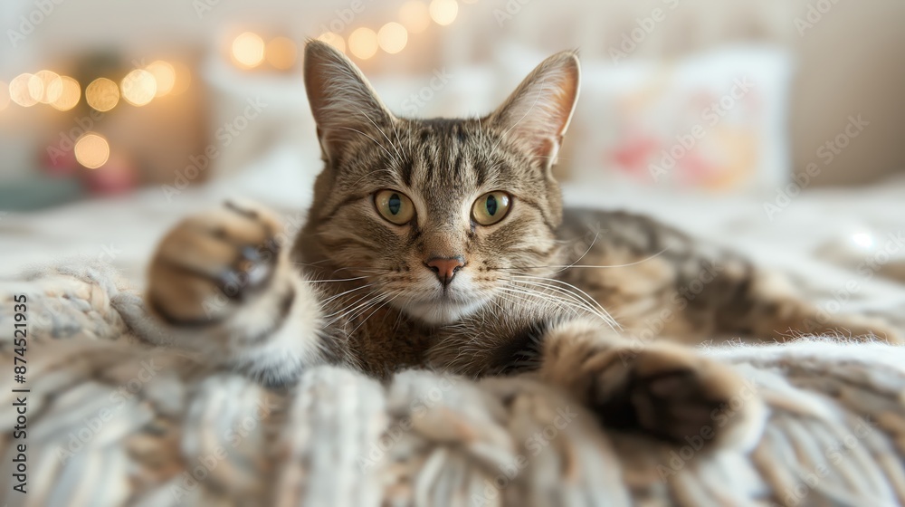 Close-up of a tabby cat lying on a knitted blanket with a blurred background of fairy lights Close-up of a tabby cat lying on a knitted blanket with a blurred background of fairy lights