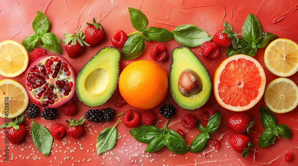  strawberries, oranges, raspberries, and avocados