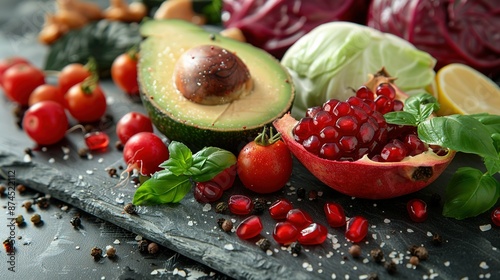  A wooden cutting board holds fruits and vegetables, with sliced avocado and pomegranates placed atop