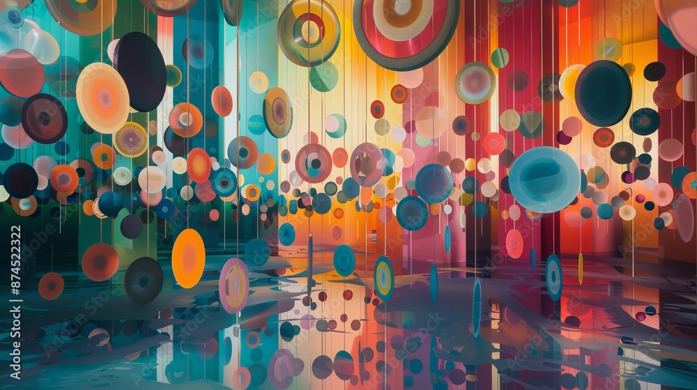 Obraz premium A digitally generated image displays a vibrant room filled with suspended, circular shapes in various colors.