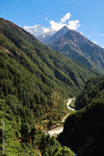 View onto the Dudh Khosi River and Mount Kusum Kanguru from the Hillary suspension bridge between Phakding and Namche Bazar, Bazaar, Mount Everest Base Camp Trek, Nepal