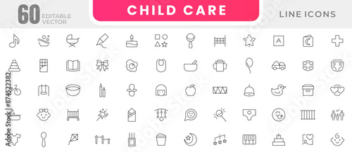Child care line icon set. Care, support, safety, baby, awareness, parenthood, international children day, kid rights, parenthood outline icon collection. UI thin outline icons pack.