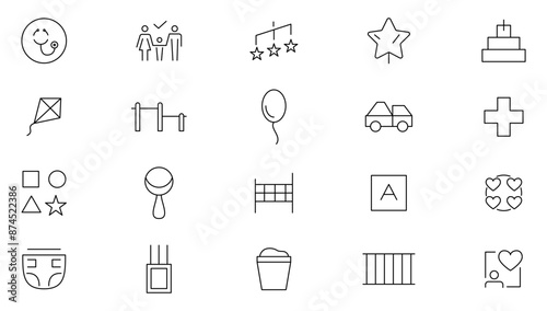 Child care line icon set. Care, support, safety, baby, awareness, parenthood, international children day, kid rights, parenthood outline icon collection. UI thin outline icons pack.
