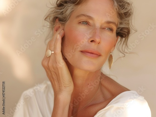 Stylish older woman with gray hair white summer top and gold jewelry model and serene look