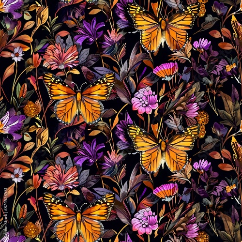Botanical Orange Butterfly and Flower Scatter Print