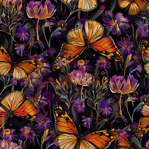Realistic Orange Butterfly and Floral Pattern for Clothing