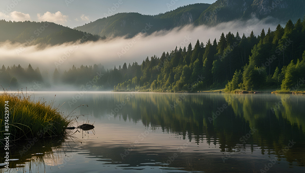 Fototapeta premium Panoramic view on mountain lake in front of mountain range, Generative AI 