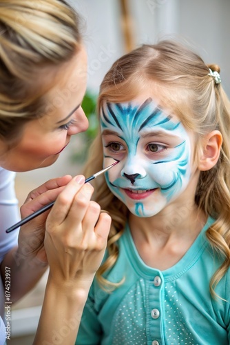 Children face painting. Artist painting little preschooler girl like unicorn on a birthday party. Creative activities for kids