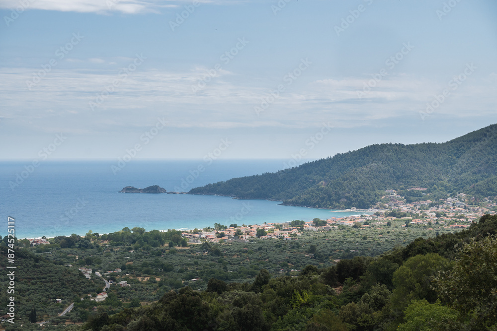 View of the golden beach from above from the village of Panagia, Thassos, Greece View of the golden beach from above from the village of Panagia, Thassos, Greece