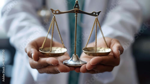 Doctor holding a balanced scale symbolizing justice and ethics in healthcare photo