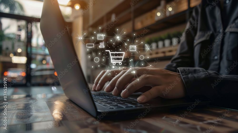 Person Shopping Online in Cozy Cafe, E-commerce Concept, Digital Icons Person Shopping Online in Cozy Cafe, E-commerce Concept, Digital Icons