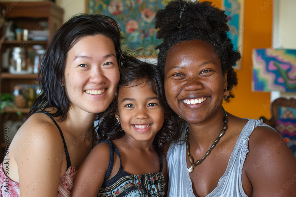 Three smiling women of diverse backgrounds posing closely for a group photo in a cozy, warmly lit living room, highlighting the concept of unity and friendship. Three smiling women of diverse backgrounds posing closely for a group photo in a cozy, warmly lit living room, highlighting the concept of unity and friendship.